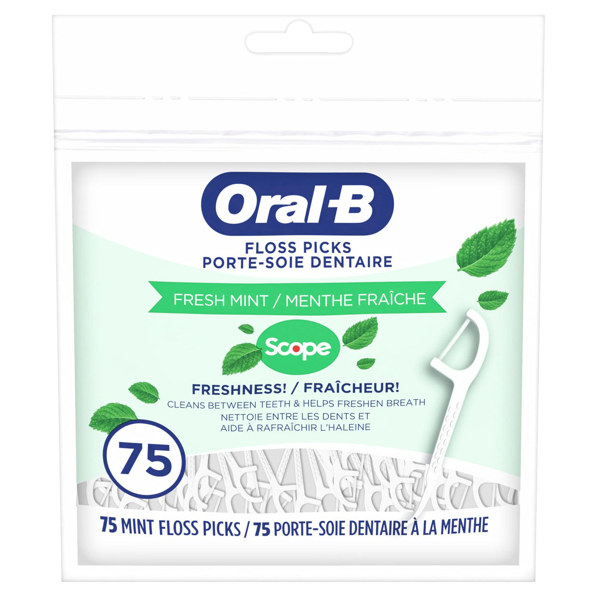Oral-B frontal del empaque mostrando cantidad y menta fresca, conveniencia inmediata