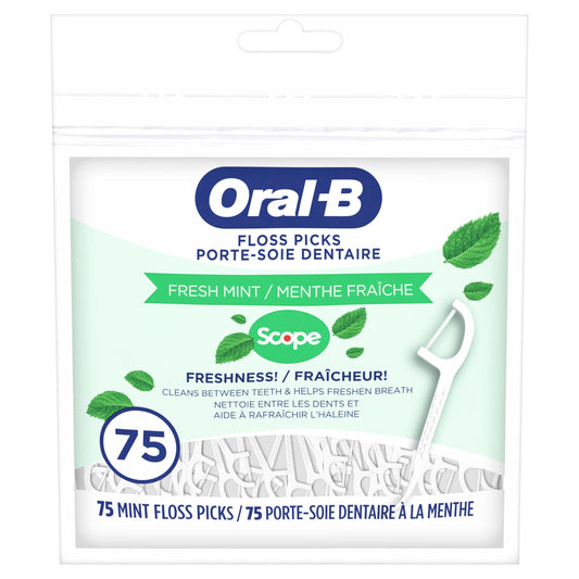 Oral-B frontal del empaque mostrando cantidad y menta fresca, conveniencia inmediata