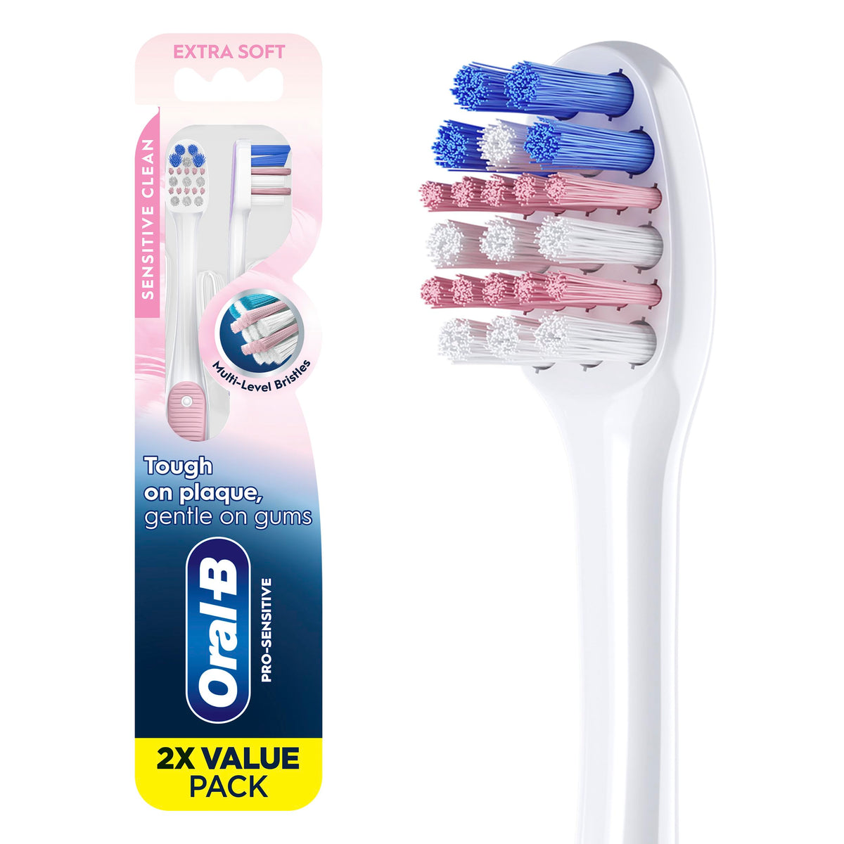 Oral-B cepillo frontal del pack mostrando diseño y beneficio de limpieza precisa