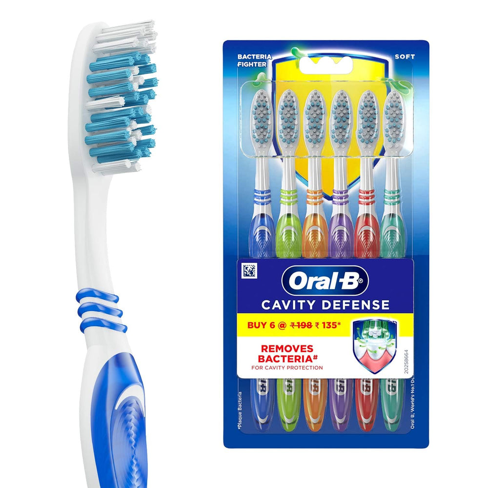 Oral-B cepillo frontal y empaque mostrando seis unidades y beneficio higiene constante