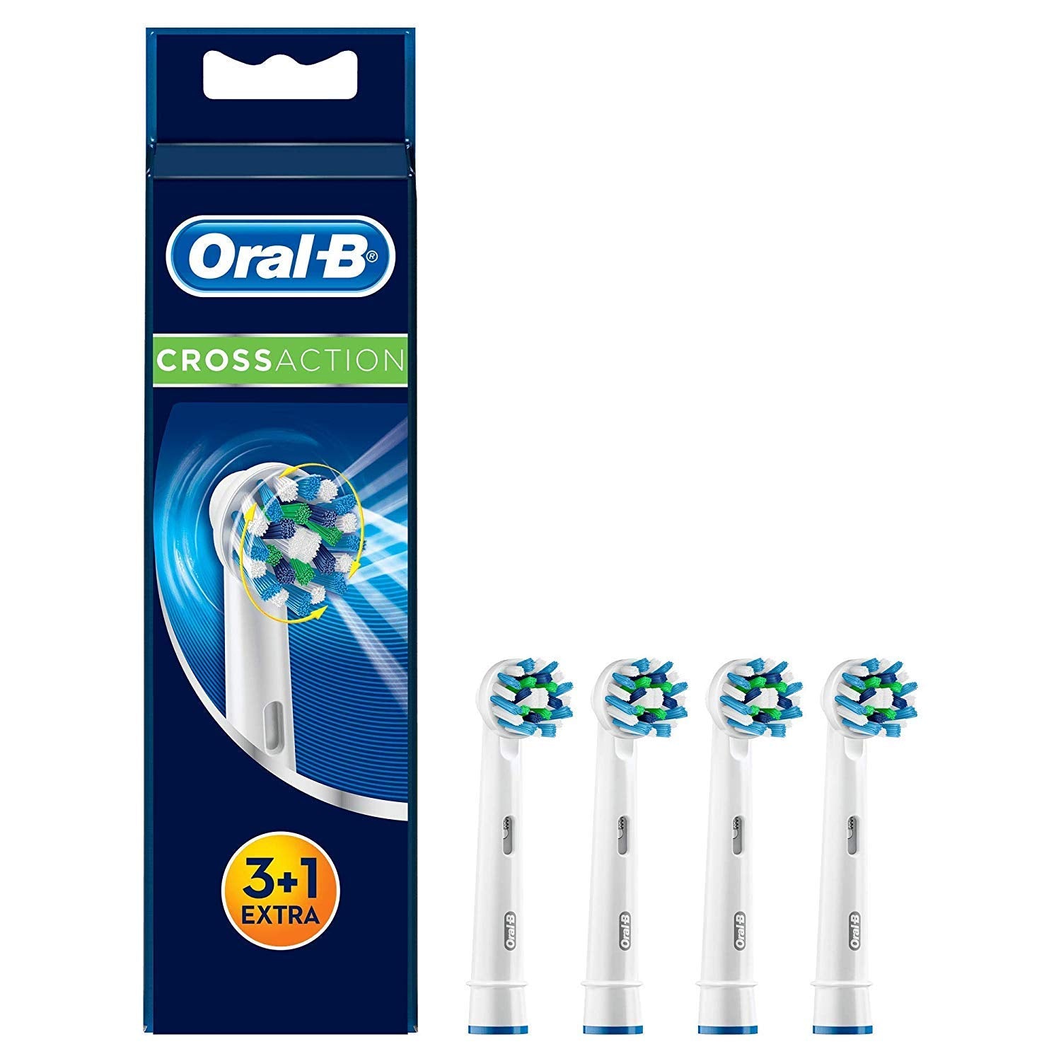 Oral-B vista frontal del paquete con cuatro cabezales, disponibilidad inmediata