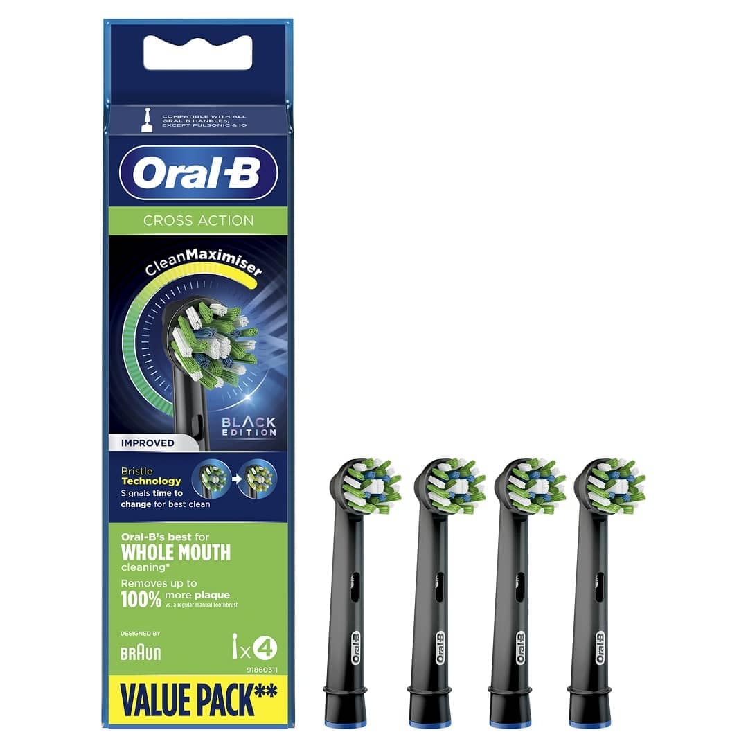 Oral-B cabezal frontal negro mostrando diseño redondo y limpieza eficaz