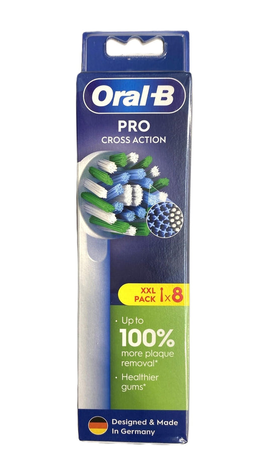 Oral-B empaque frontal mostrando pack de 8 cabezales, conveniente para almacenamiento