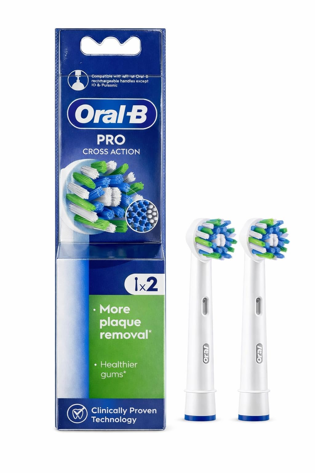 Oral-B CrossAction envase frontal mostrando dos cabezales y compatibilidad, limpieza eficiente