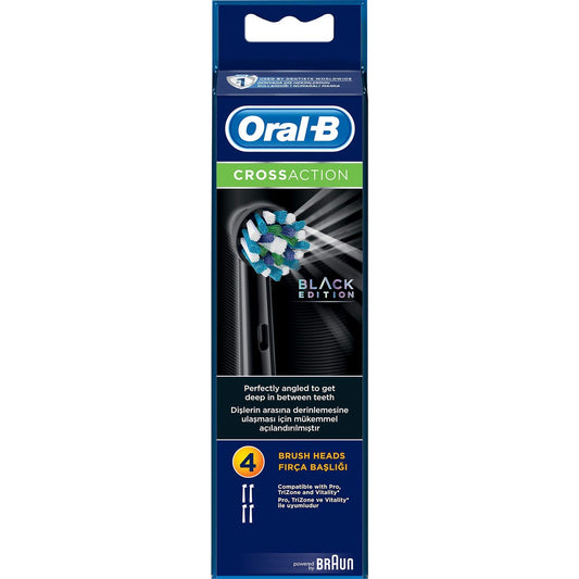 Oral-B cabezal CrossAction frontal del empaque mostrando cuatro unidades y compatibilidad