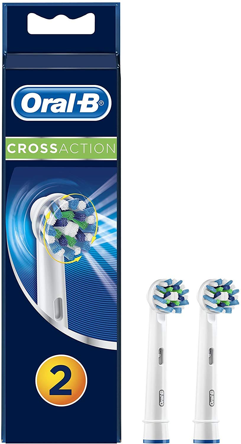 Oral-B CrossAction vista frontal del cabezal mostrando diseño redondo y beneficio limpieza precisa