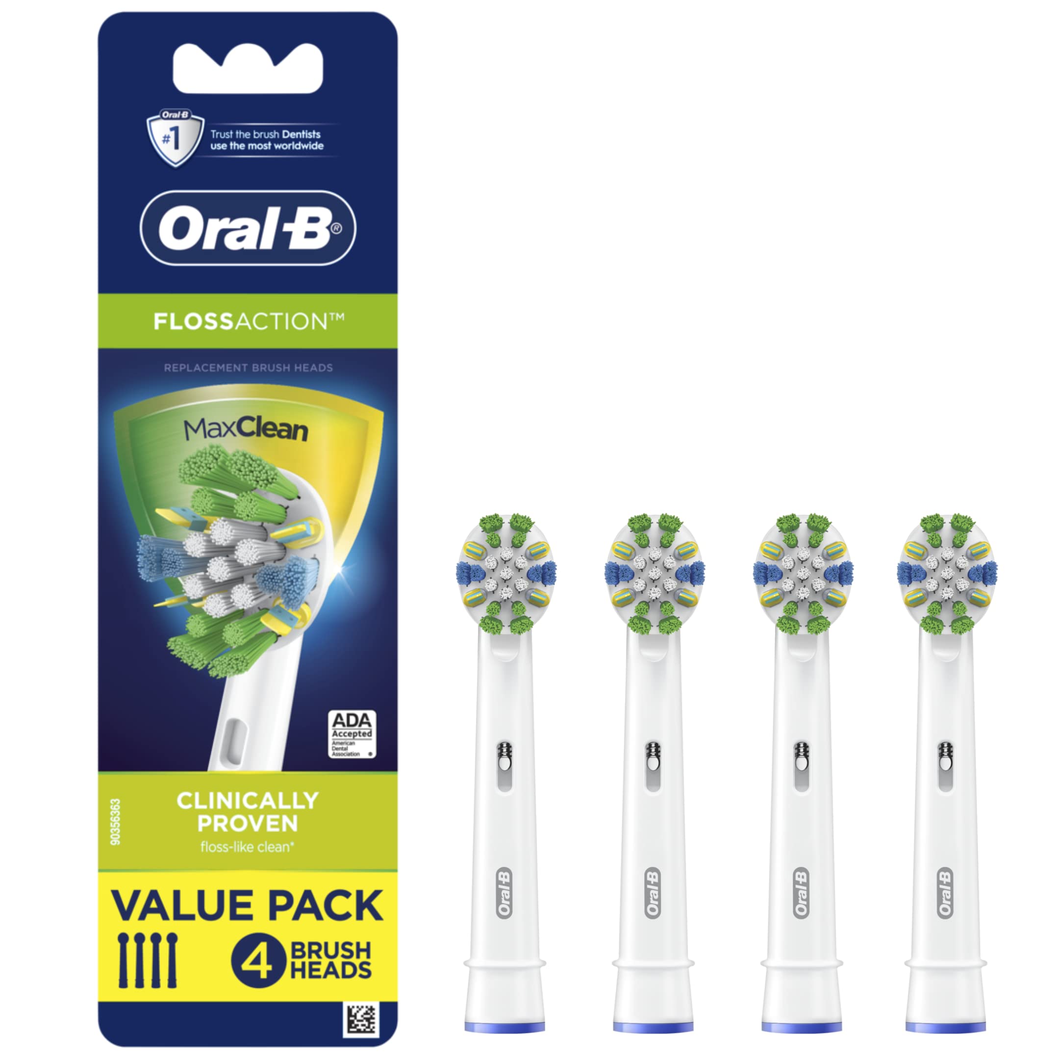 Oral-B empaque frontal que muestra el pack de 4 y ventaja de limpieza