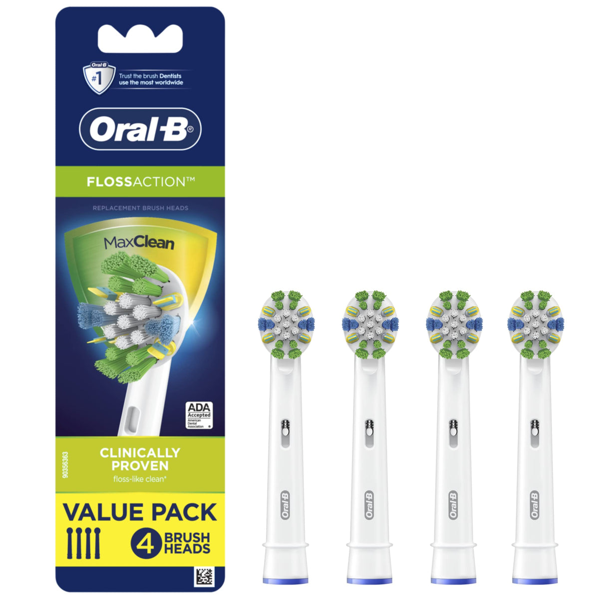 Oral-B empaque frontal que muestra el pack de 4 y ventaja de limpieza
