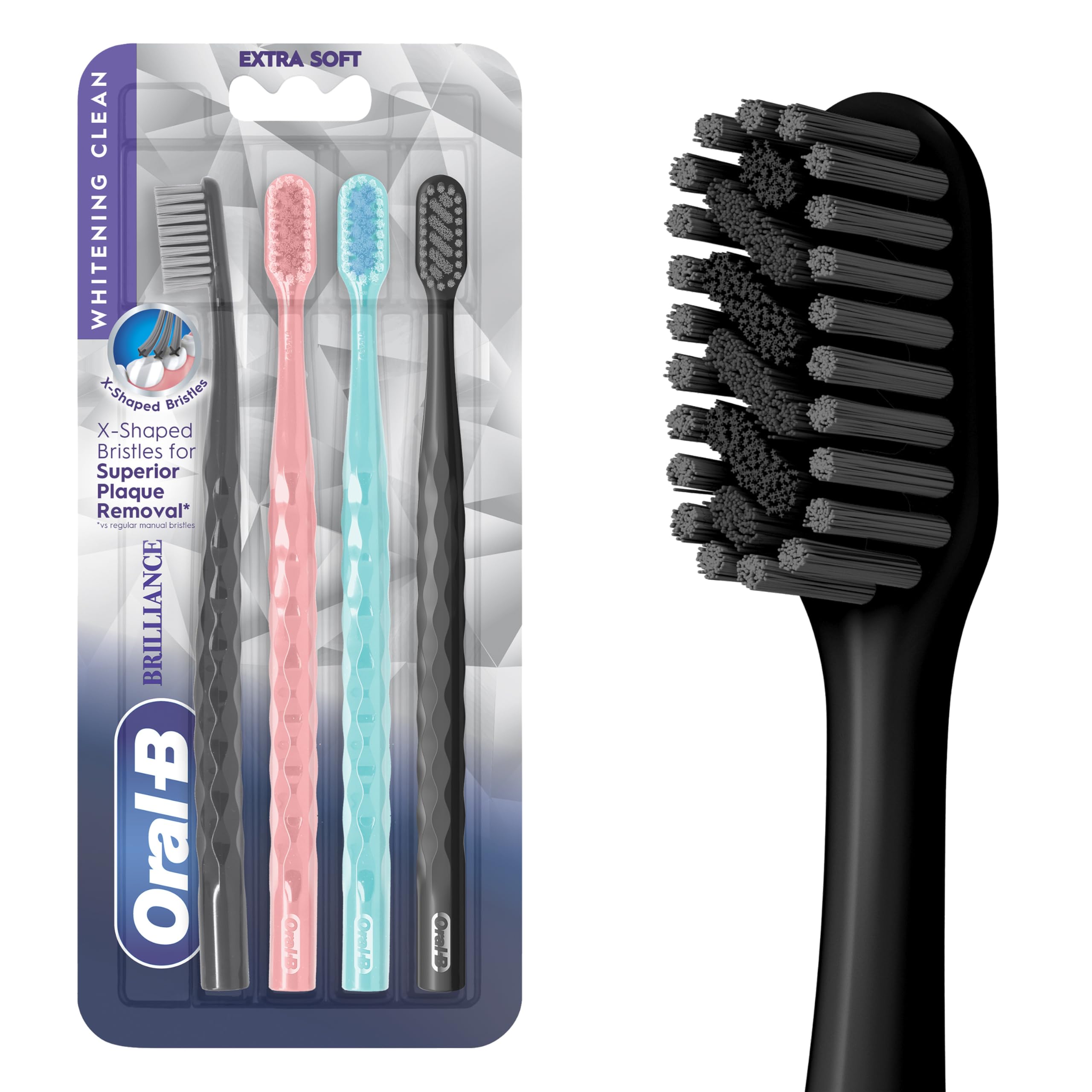 Oral-B frontal del paquete mostrando el set de cuatro cepillos y practicidad