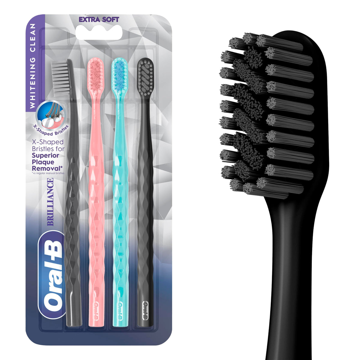 Oral-B frontal del paquete mostrando el set de cuatro cepillos y practicidad