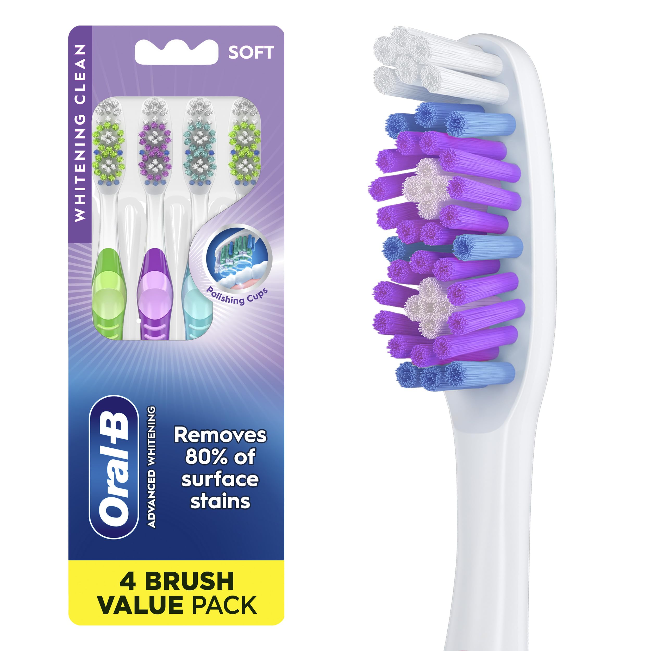 Oral-B vista frontal del empaque mostrando 4 cepillos, práctico para ahorro