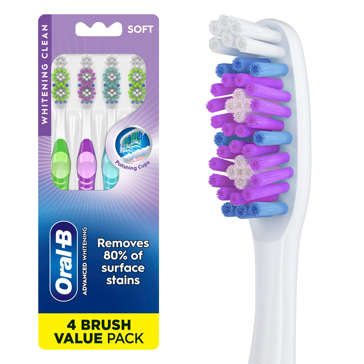 Oral-B vista frontal del empaque mostrando 4 cepillos, práctico para ahorro