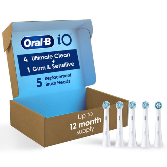 Oral-B paquete frontal mostrando cinco cabezales y compatibilidad iO