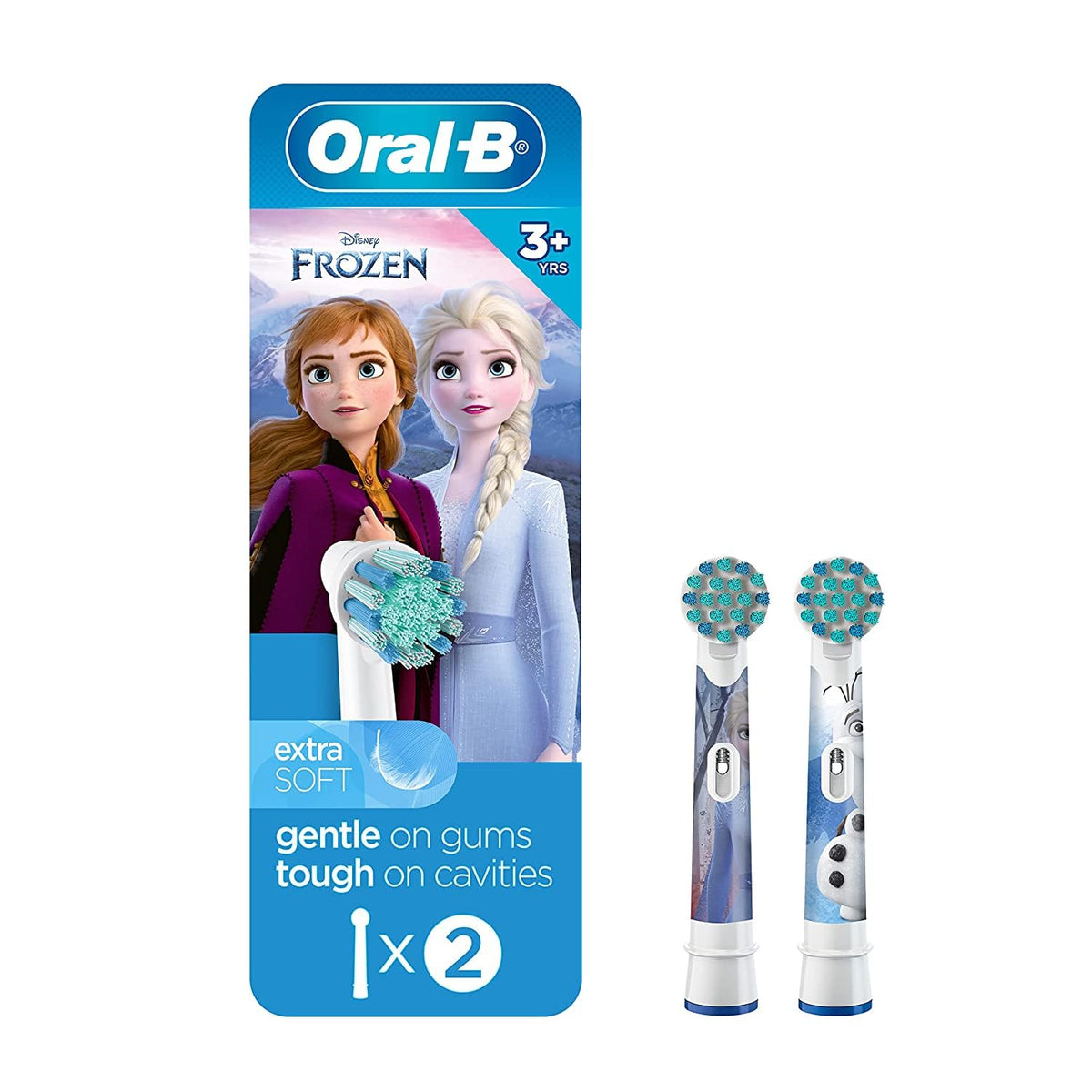 Oral-B paquete frontal Frozen mostrando diseño y dos cabezales, facilita recambio rápido
