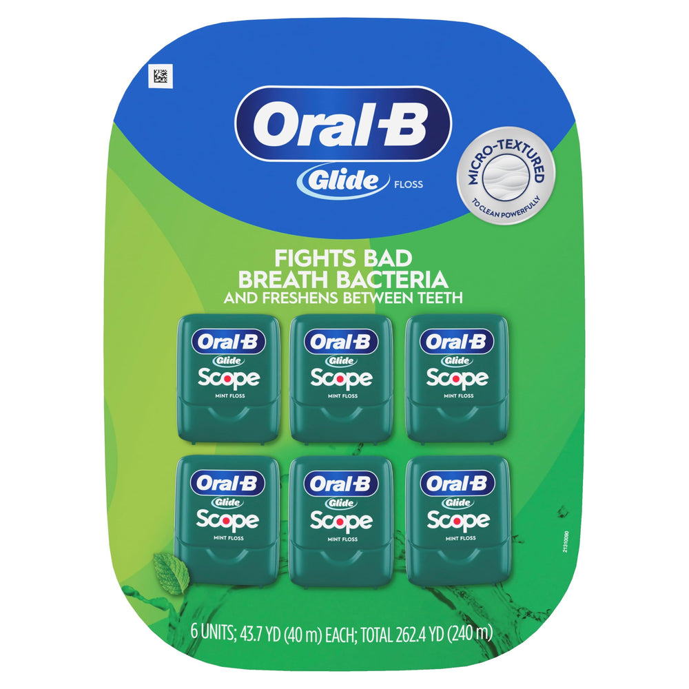 Oral-B Glide bobina abierta listando el hilo resistente al deshilachado