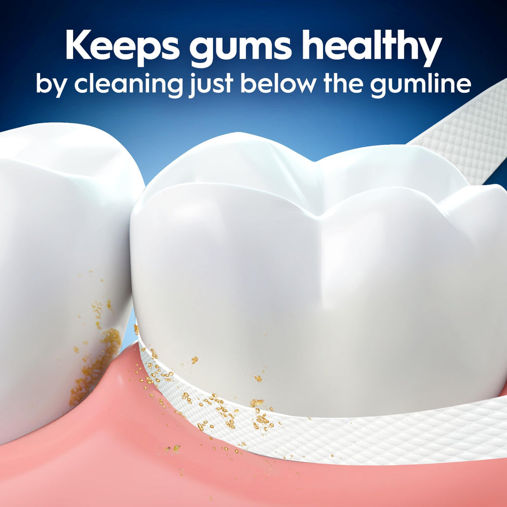 Oral-B hilo junto a regla para comparar tamaño y metros disponibles