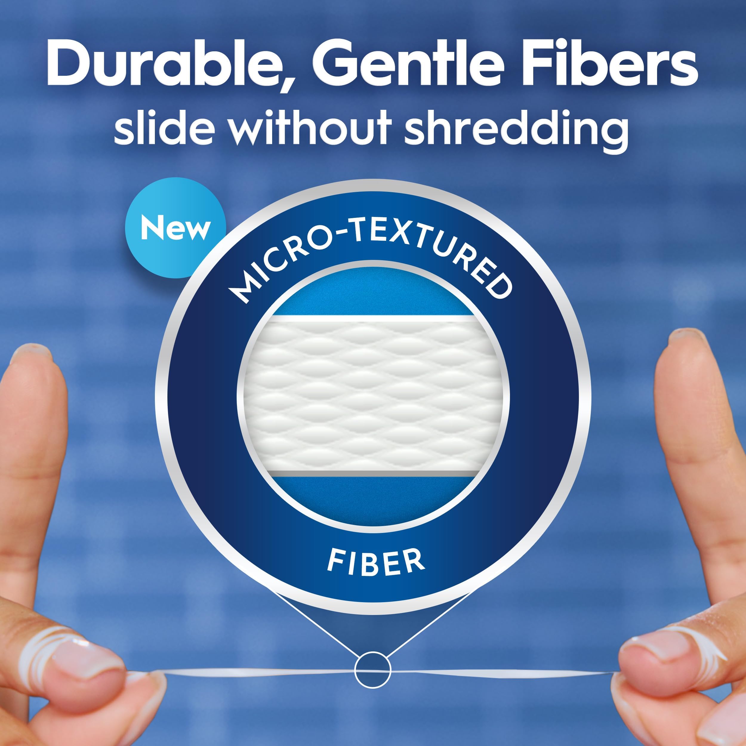 Oral-B primer plano del hilo dental que evidencia fibra sin deshilachado