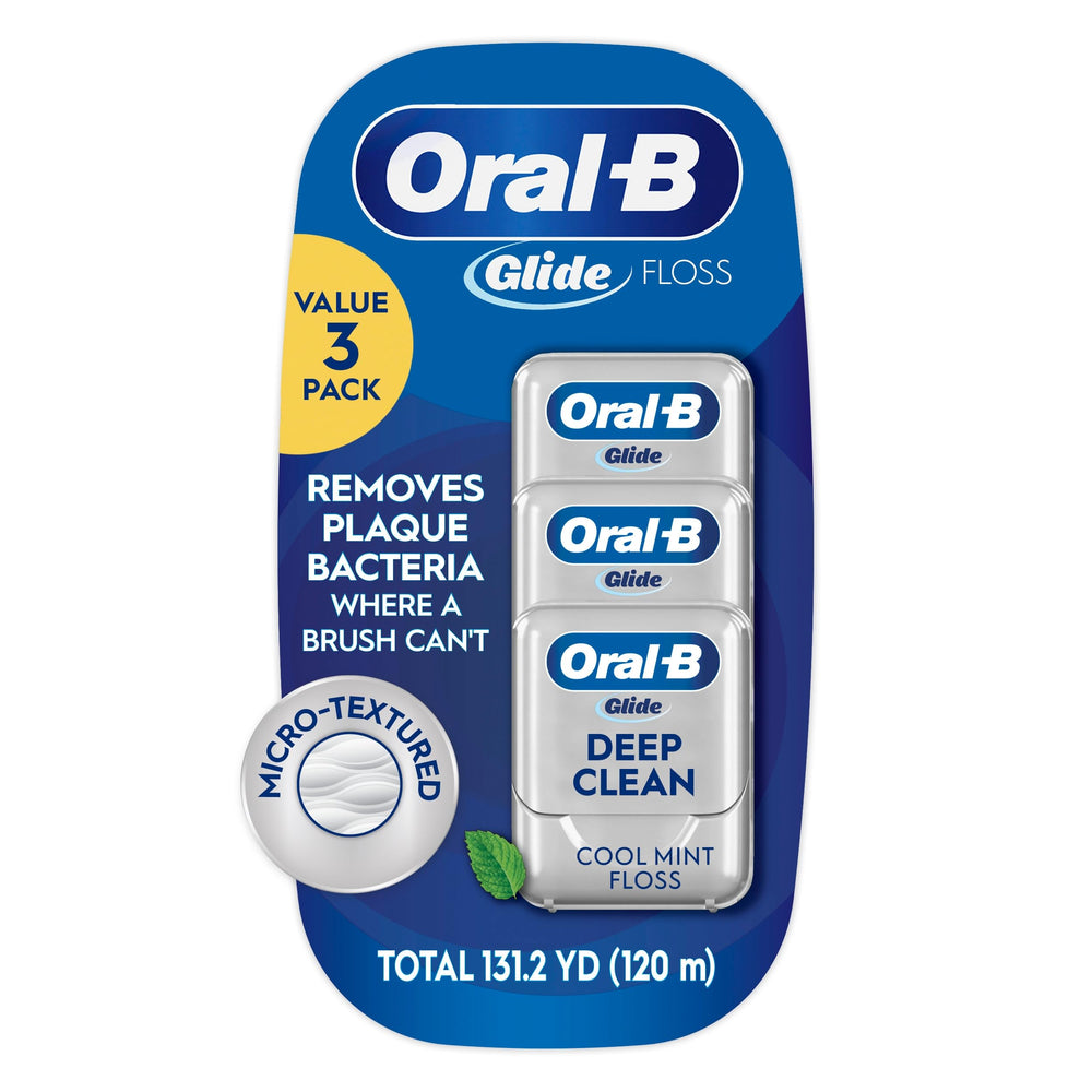 Oral-B Glide empaque frontal mostrando tres rollos y beneficio de valor