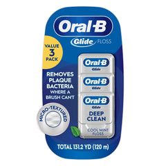 Oral-B Glide empaque frontal mostrando tres rollos y beneficio de valor