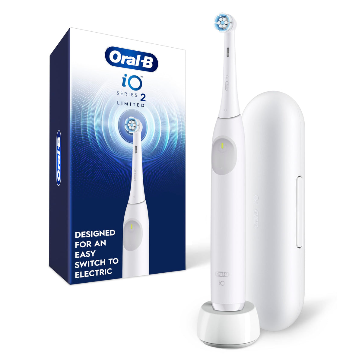 Oral-B cepillo iO Series 2 frente blanco mostrando diseño y beneficio limpieza superior