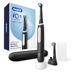 Oral-B iO Series 3 frente negro mostrando diseño elegante y beneficio limpieza eficaz