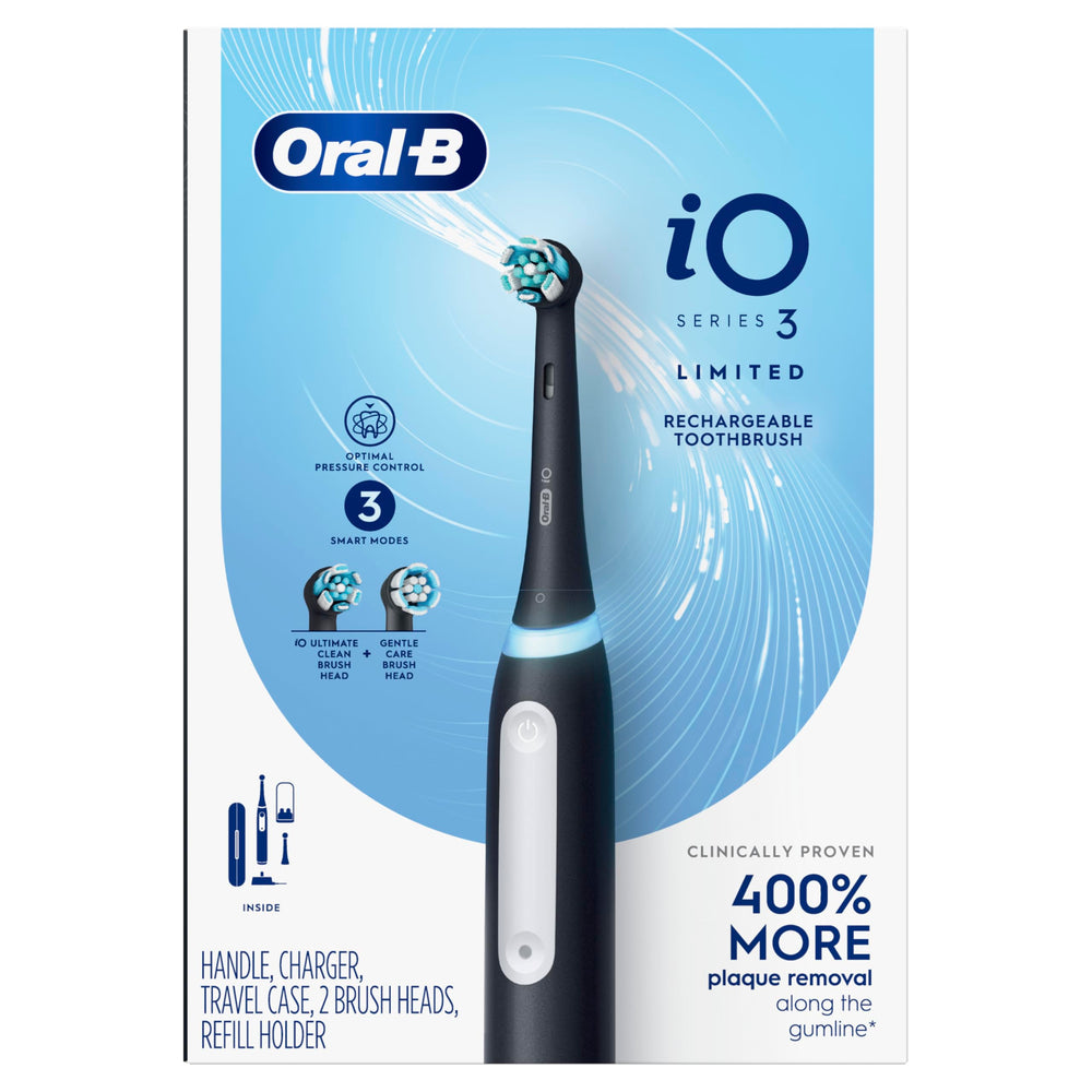 Oral-B iO Series 3 caja y etiqueta informativa con especificaciones y garantías