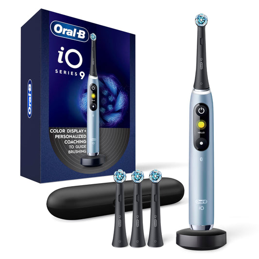 Oral-B iO Series 9 vista frontal mostrando acabado aqua alabaster y diseño premium