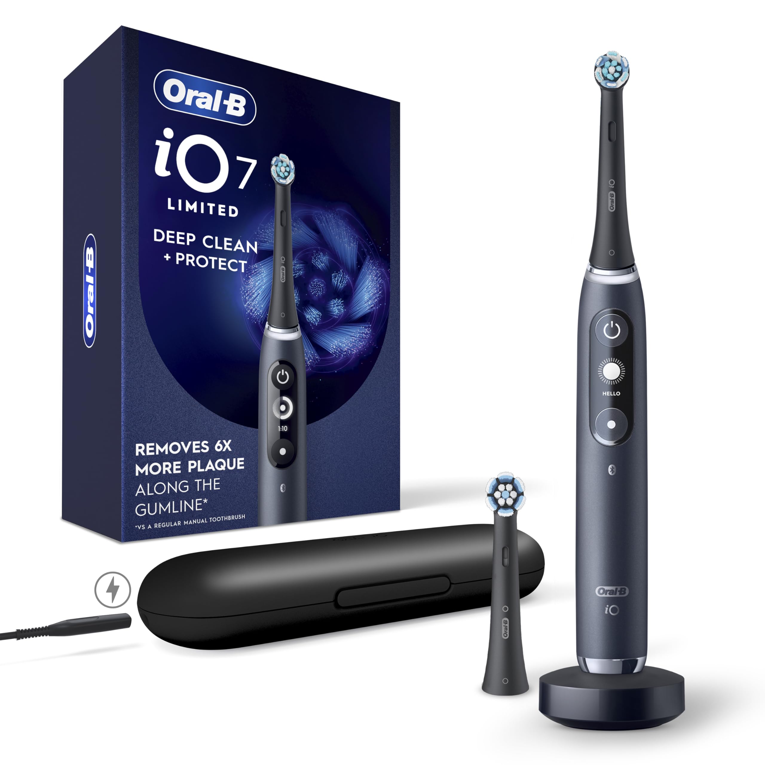 Oral-B iO Series 7 frontal del paquete mostrando accesorios y beneficios
