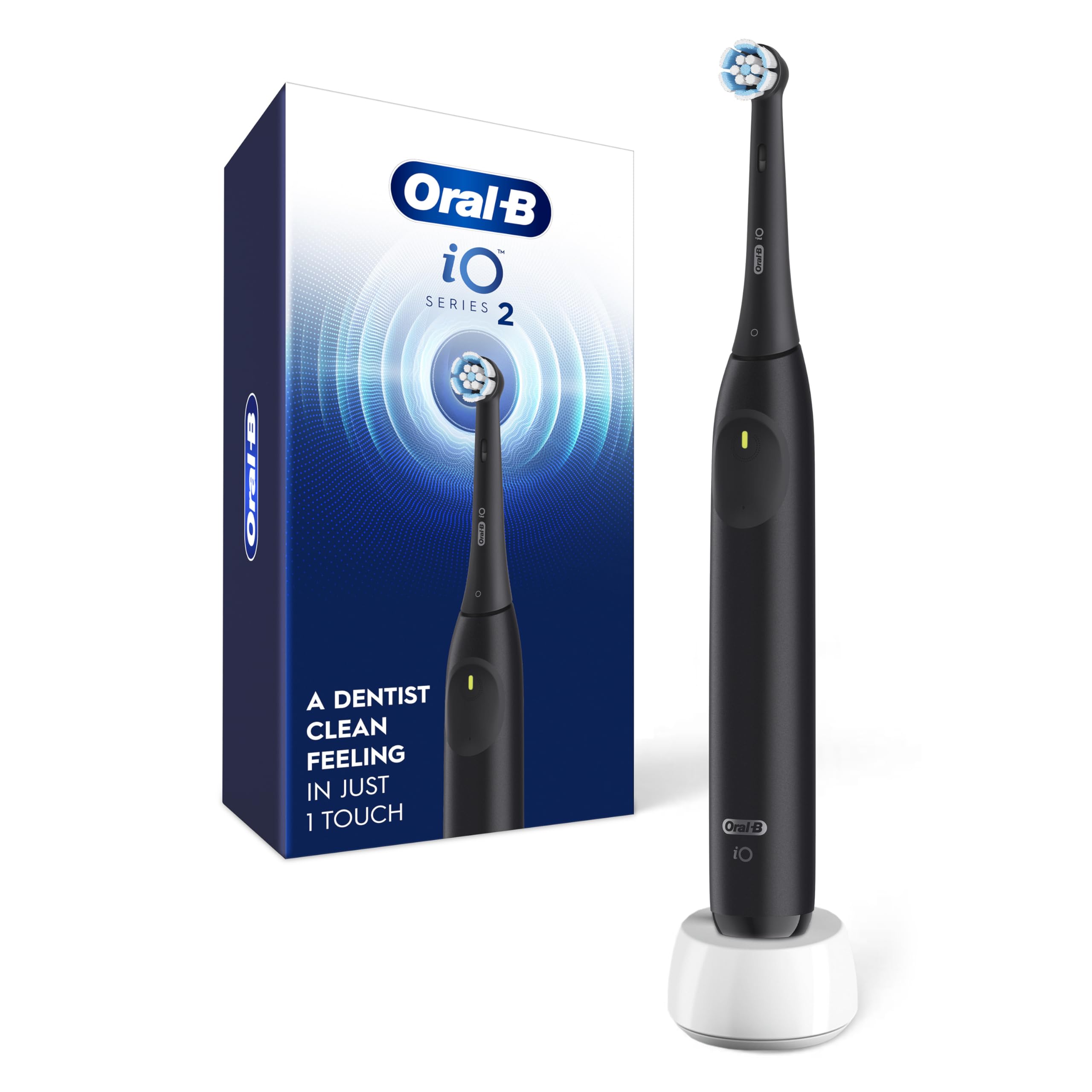 Oral-B iO2 vista frontal del cepillo y empaque mostrando diseño Night Black y facilidad