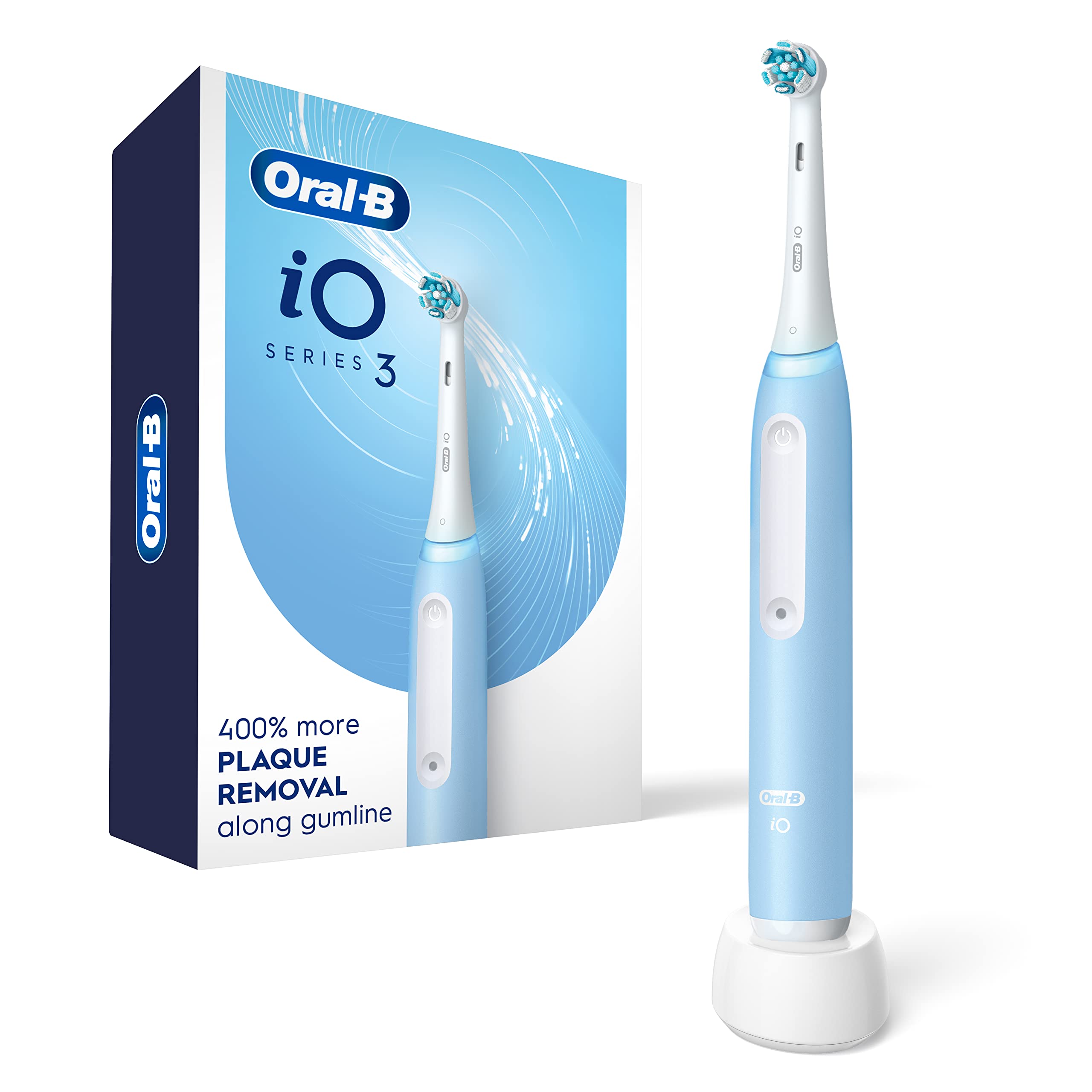 Oral-B iO3 vista frontal del cepillo mostrando diseño y color azul, limpieza eficaz
