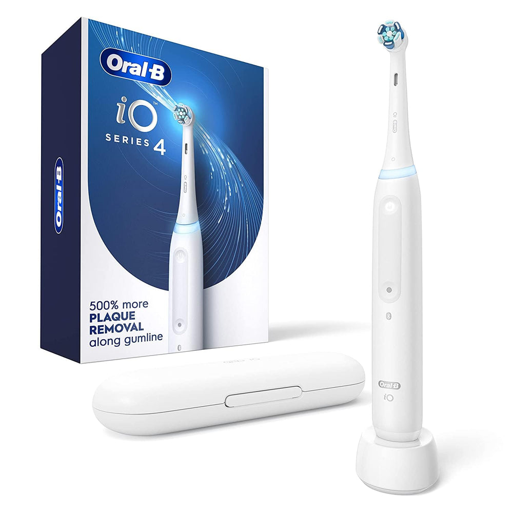 Oral-B iO Series 4 frontal con estuche, muestra diseño y portabilidad