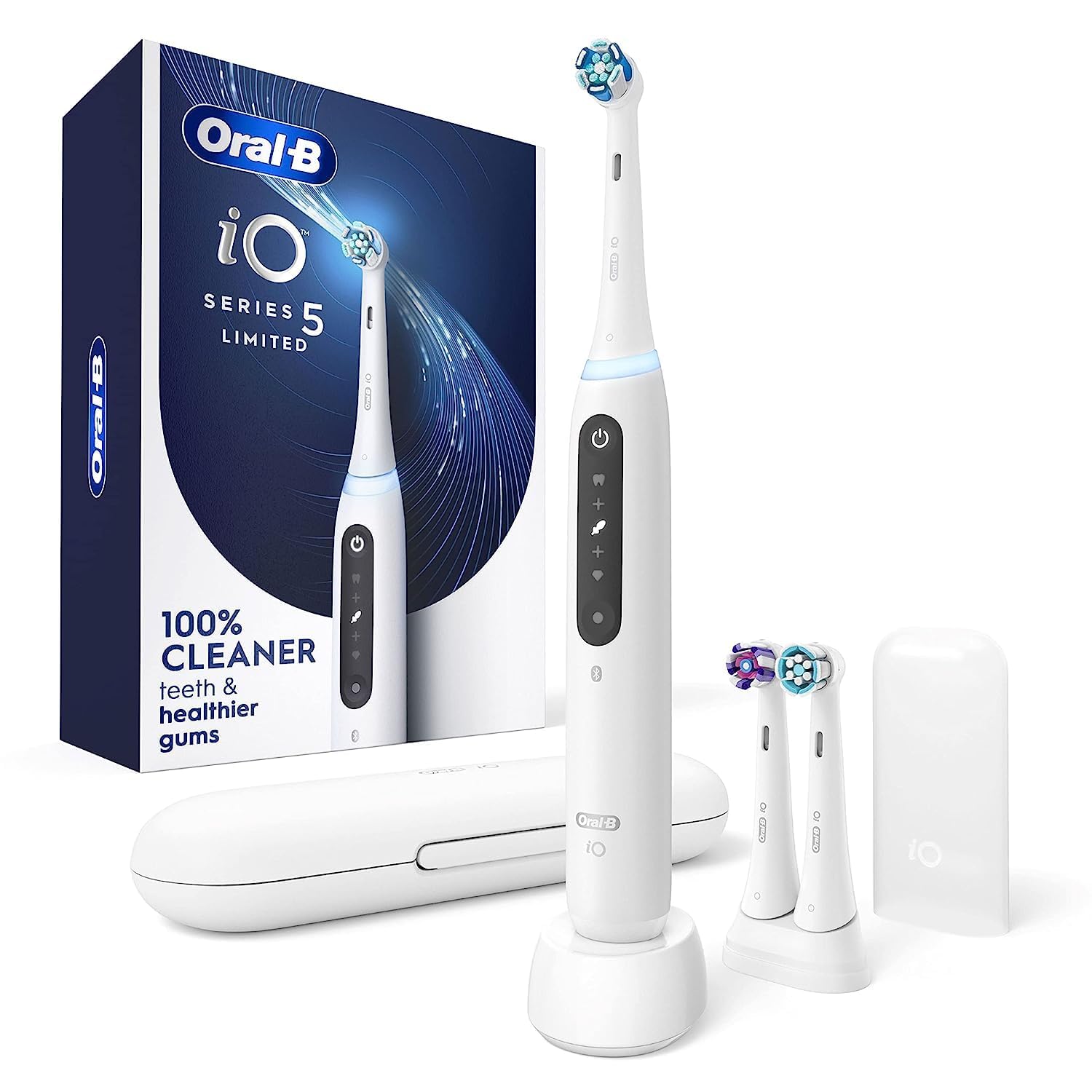 Oral-B iO5 mango frontal blanco mostrando diseño ergonómico y control cómodo