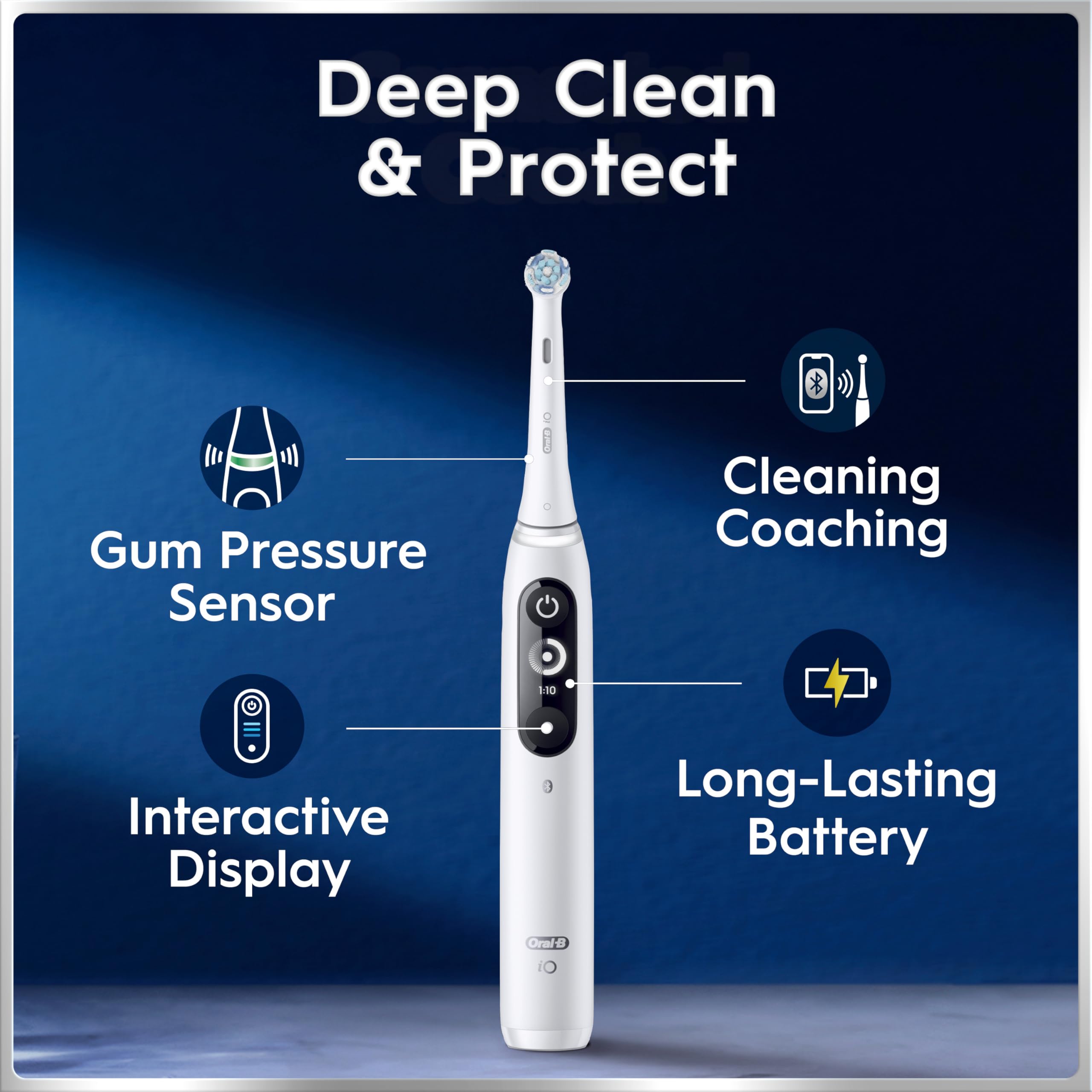 Oral-B iO7 primer plano del cabezal redondo que mejora limpieza interdental