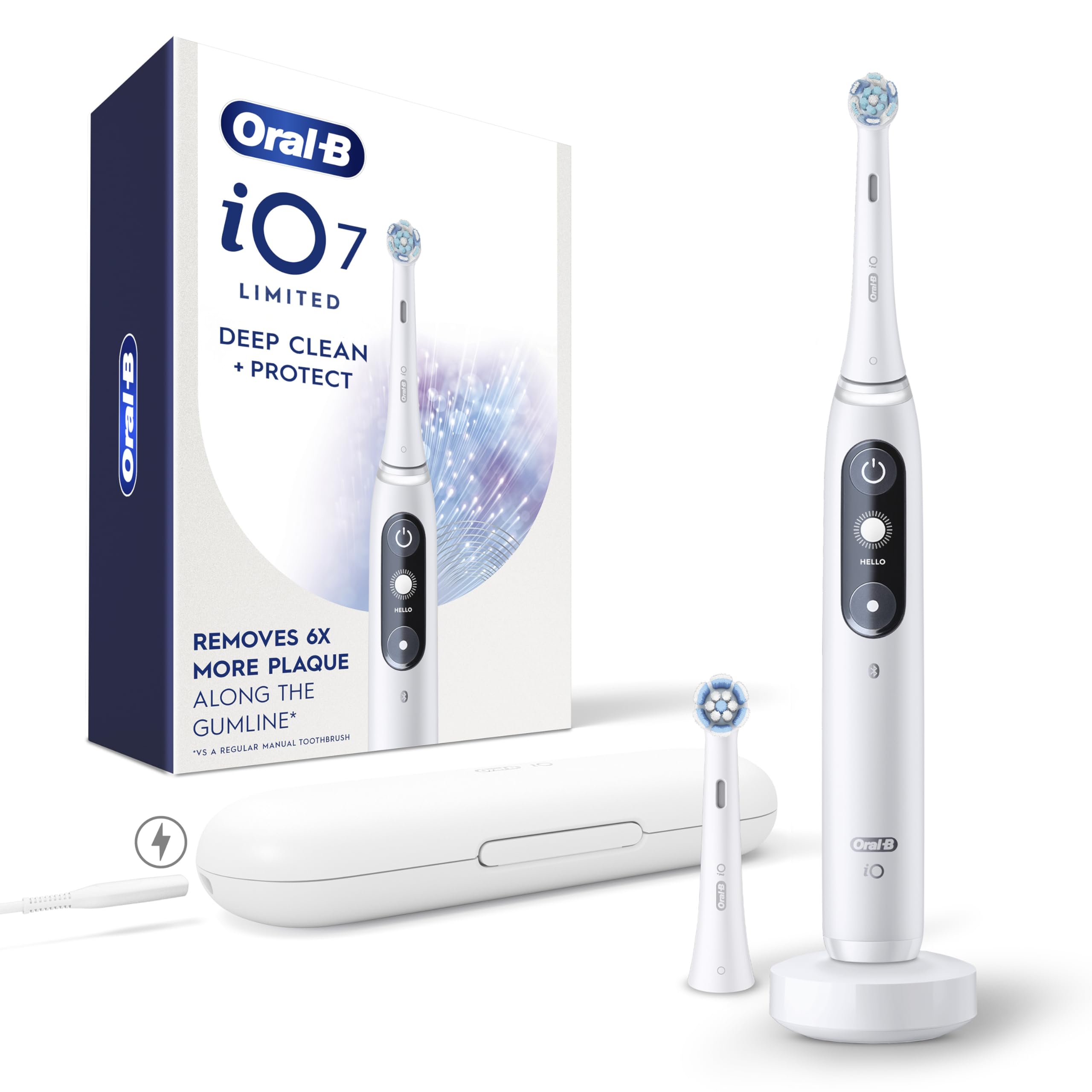 Oral-B iO7 vista frontal del mango y empaque mostrando diseño y beneficio limpieza eficaz