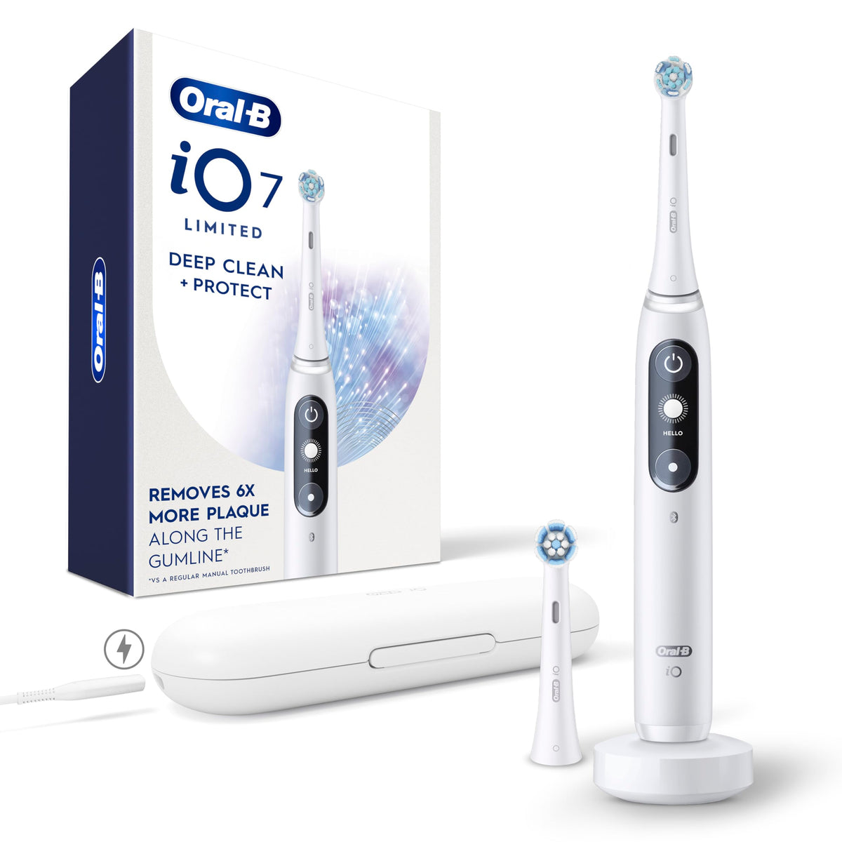 Oral-B iO7 vista frontal del mango y empaque mostrando diseño y beneficio limpieza eficaz