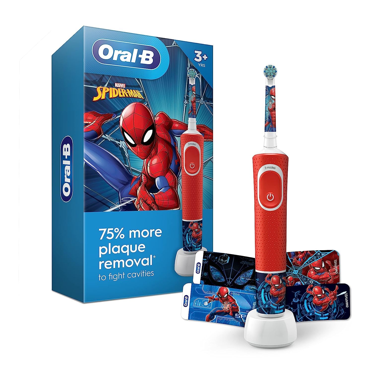 Oral-B mango frontal con Spider-Man motivando al niño a cepillarse