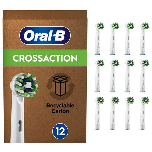 Oral-B empaquetado frontal mostrando 12 cabezales y conveniencia de envío