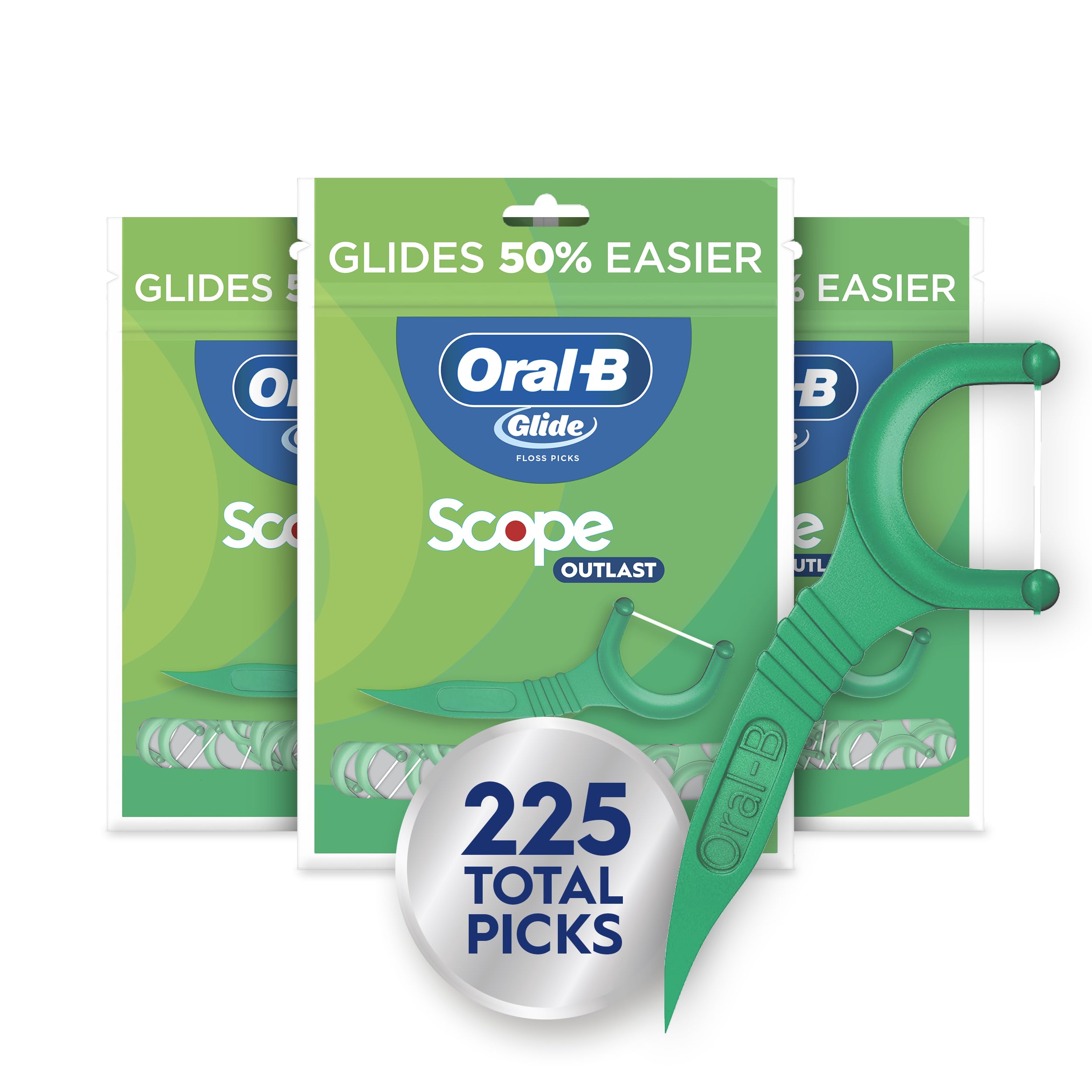 Oral-B empaque frontal de Glide Floss Picks muestra cantidad y sabor Scope, conveniencia prolongada