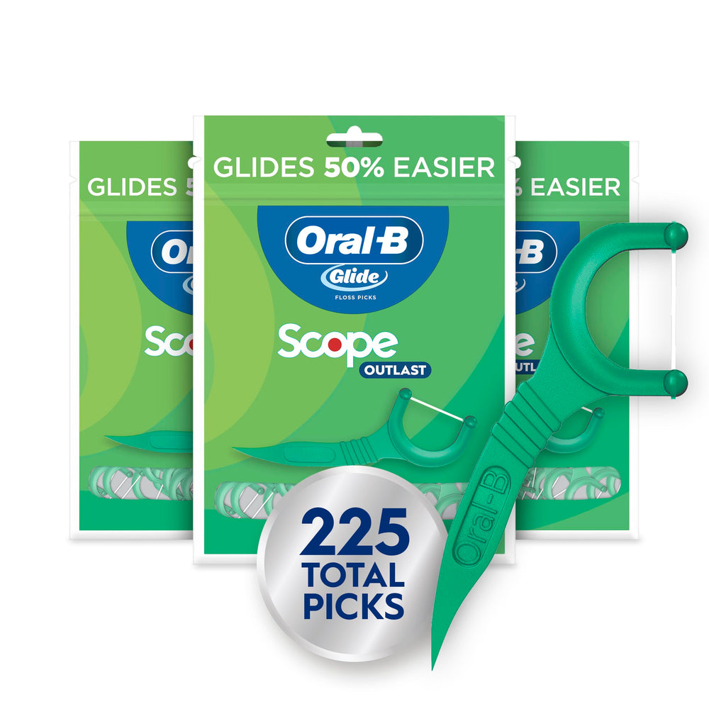 Oral-B empaque frontal de Glide Floss Picks muestra cantidad y sabor Scope, conveniencia prolongada