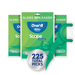 Oral-B empaque frontal de Glide Floss Picks muestra cantidad y sabor Scope, conveniencia prolongada