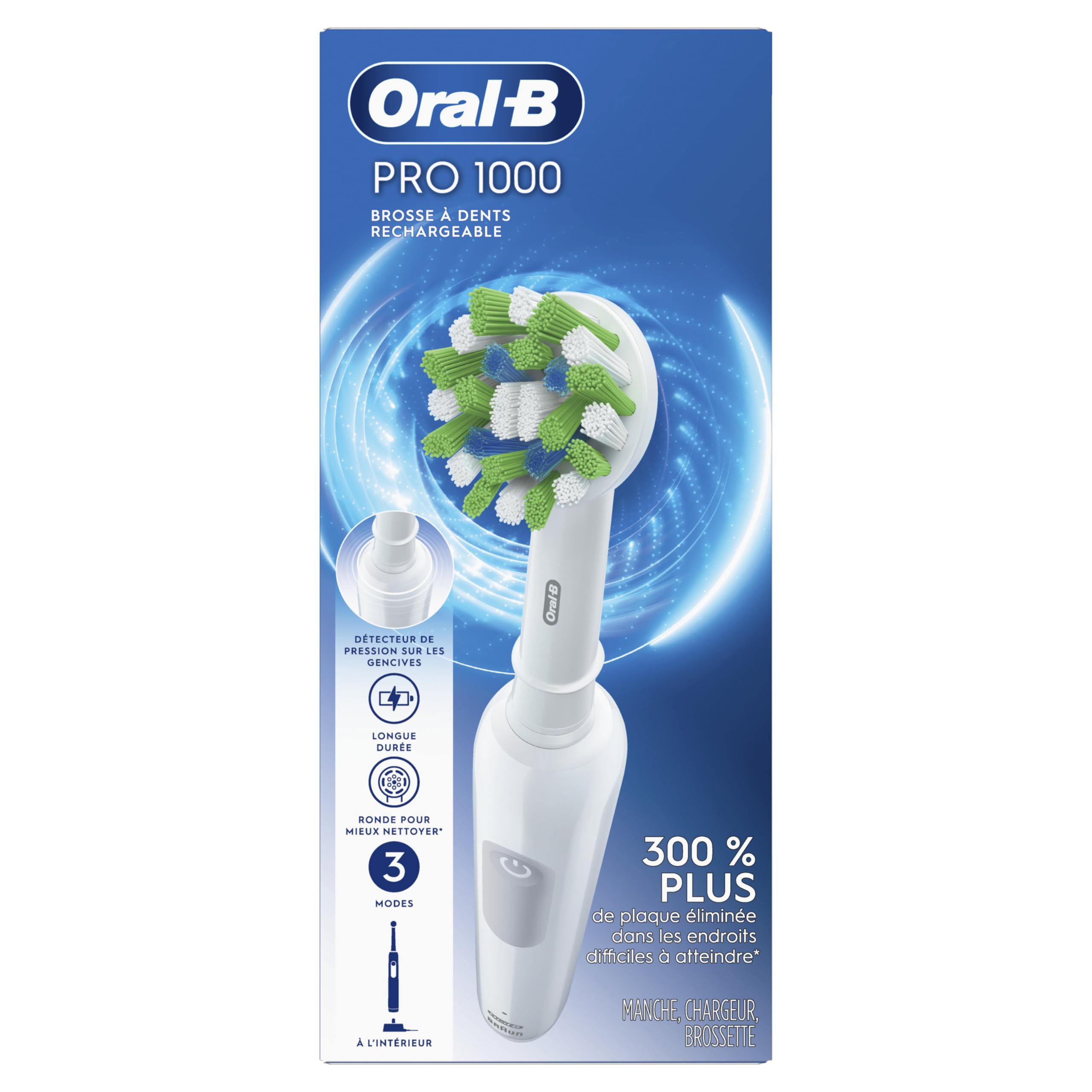 Oral-B Pro 1000 apoyado junto al cargador en baño, recargable y fácil de almacenar