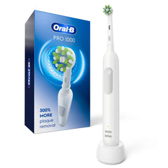 Oral-B vista frontal del Pro 1000 blanco mostrando diseño y forma, limpieza superior
