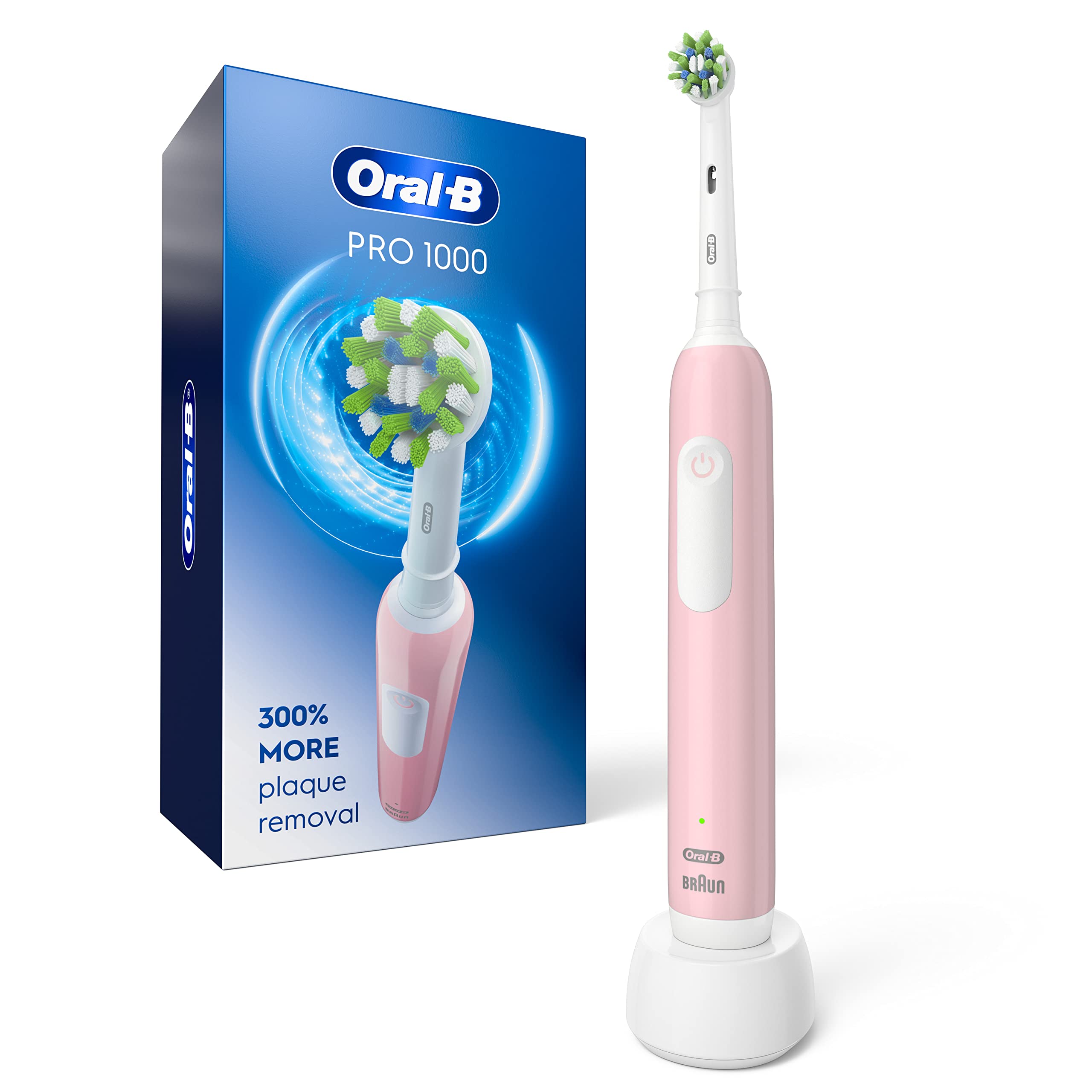 Oral-B Pro 1000 vista frontal rosa muestra diseño ergonómico y limpieza eficaz