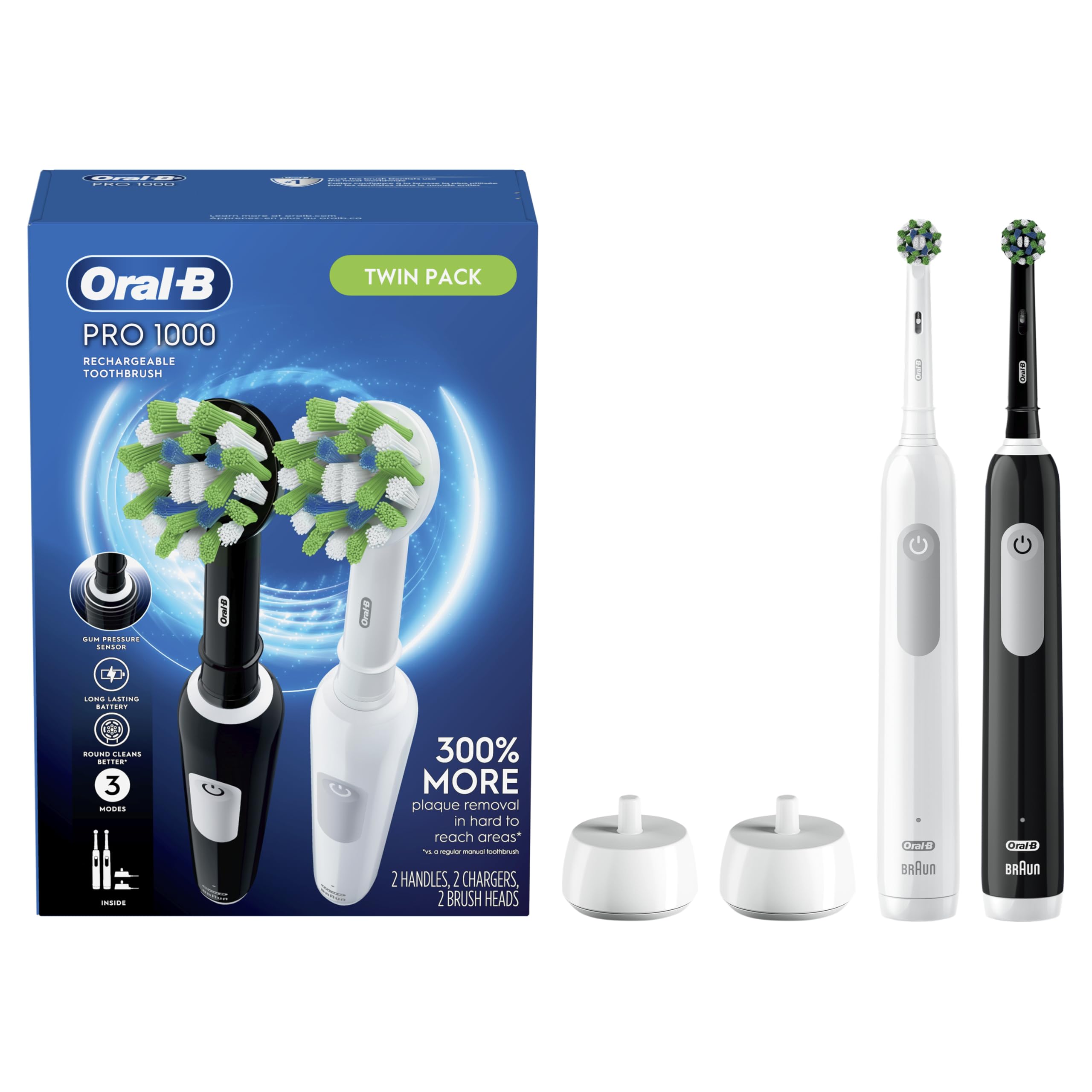 Oral-B cepillo pack frontal mostrando diseño negro y blanco y limpieza eficiente