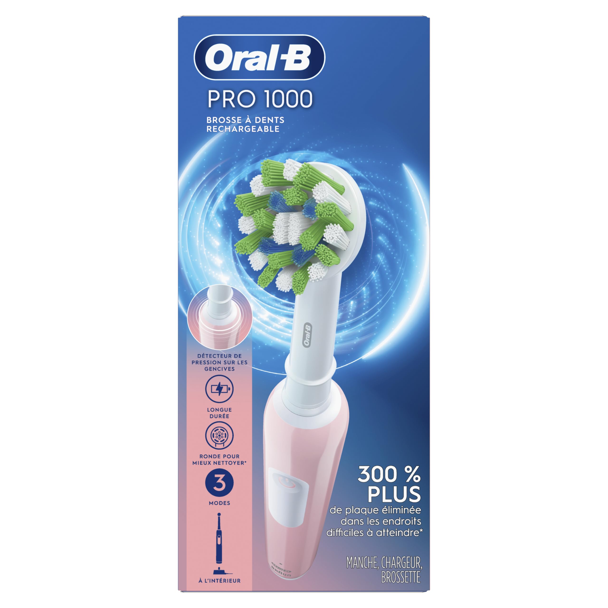 Oral-B Pro 1000 en un baño con accesorios que sugiere rutina diaria y confianza dental