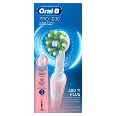 Oral-B Pro 1000 en un baño con accesorios que sugiere rutina diaria y confianza dental