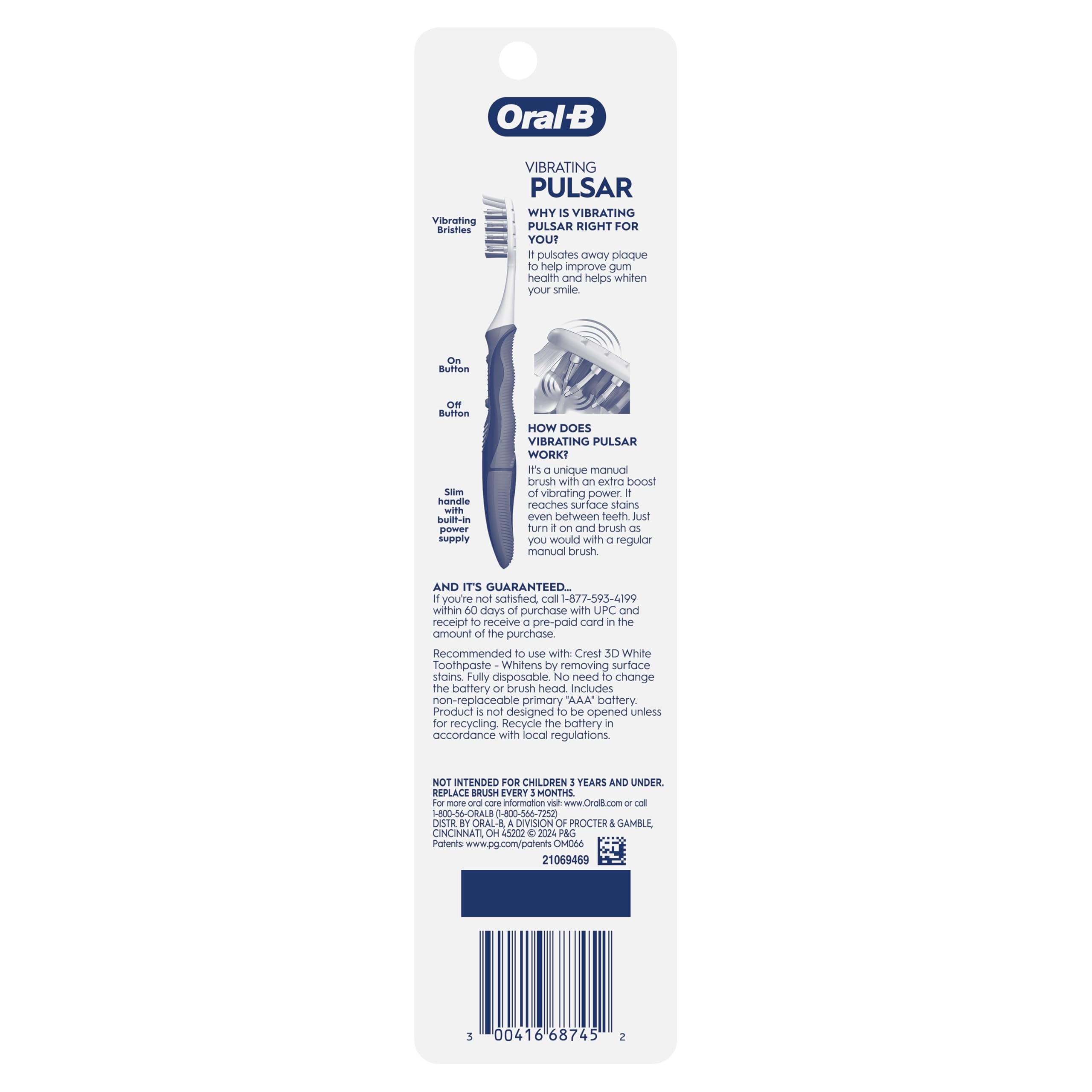 Oral-B Pulsar etiqueta con especificaciones, información clara y visible