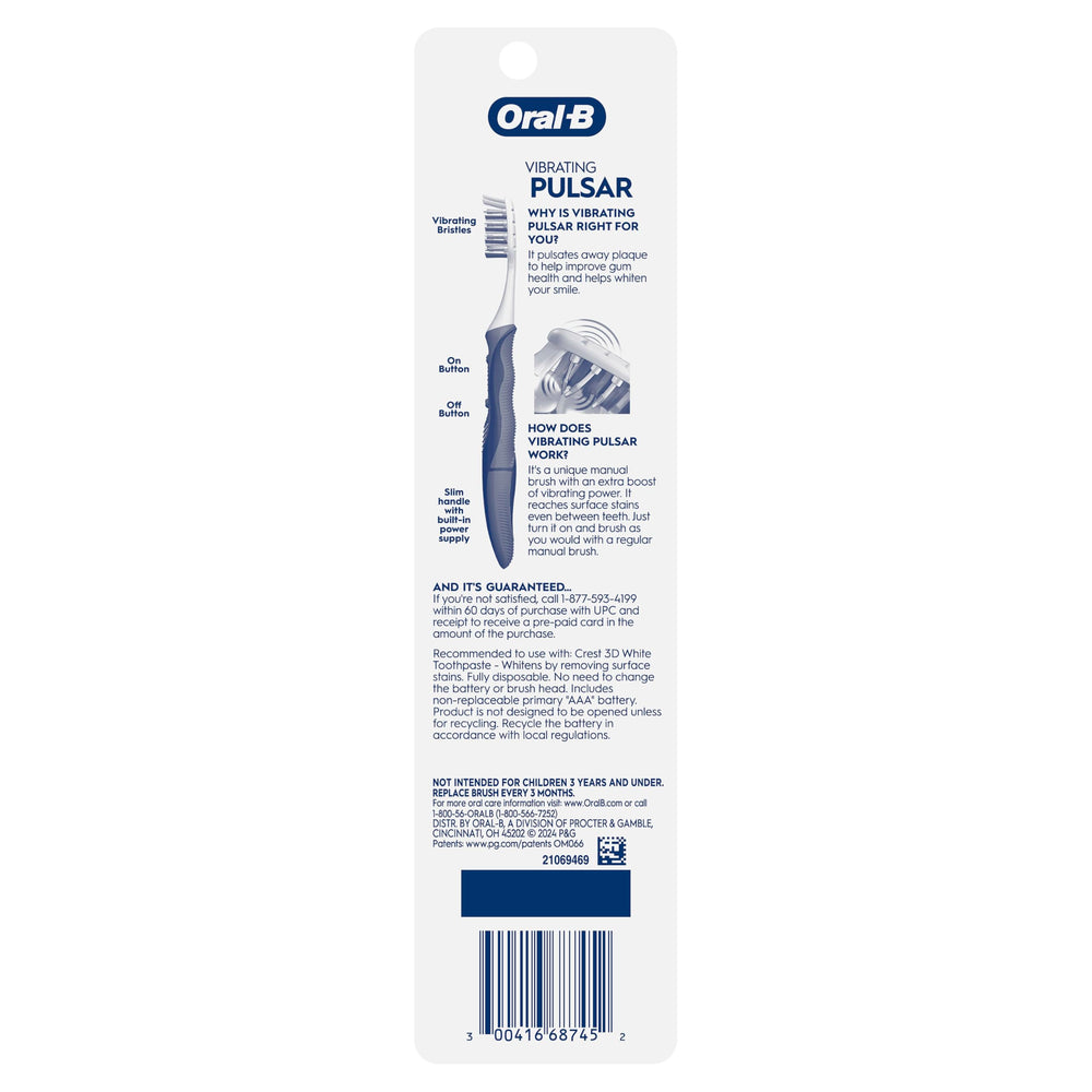 Oral-B Pulsar etiqueta con especificaciones, información clara y visible