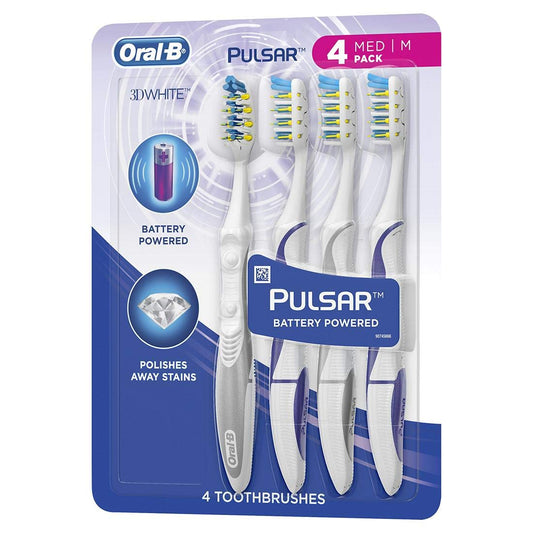 Oral-B Pulsar vista frontal del pack de cuatro cepillos mostrando diseño y colores variados para limpieza efectiva