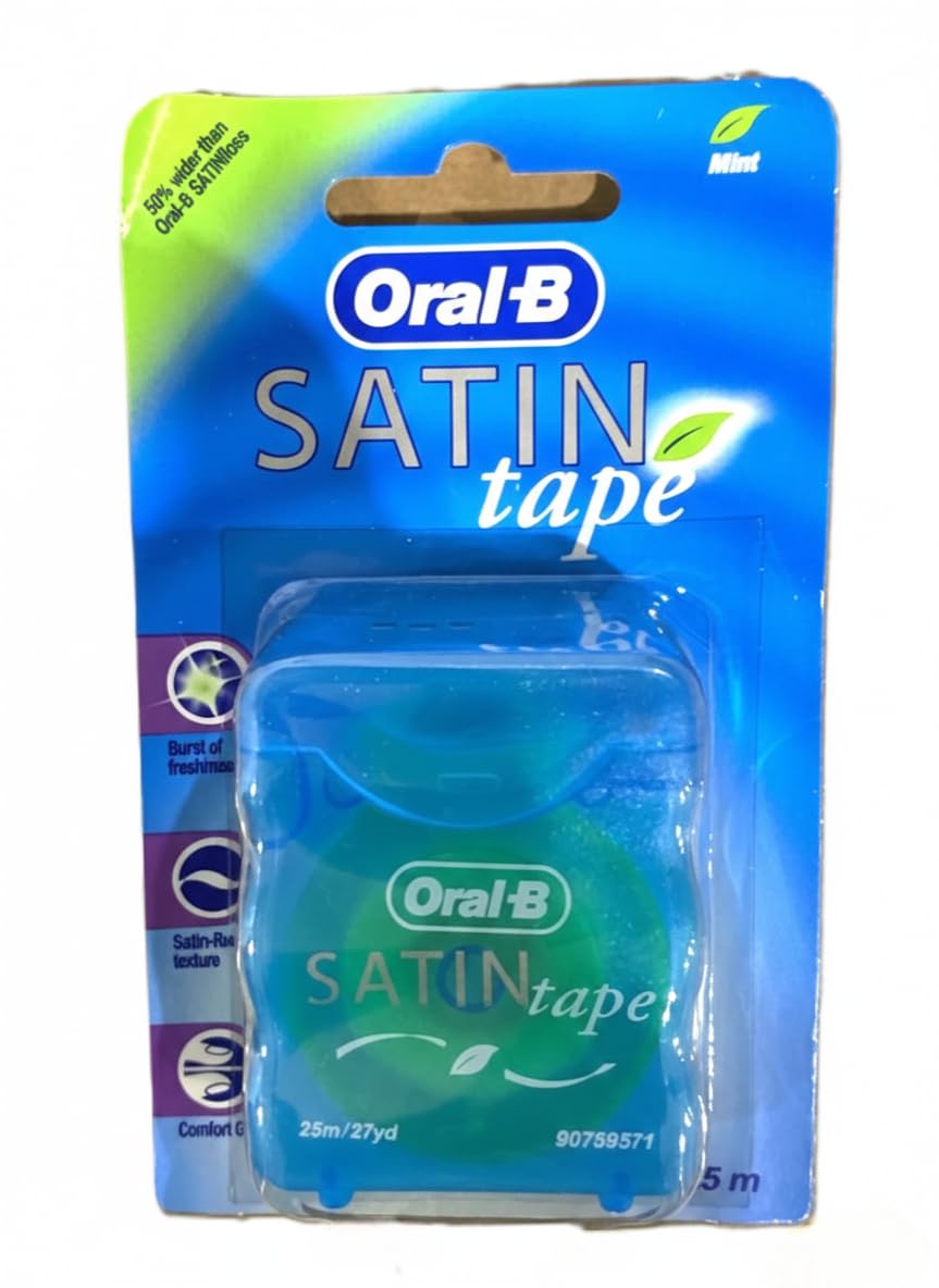 Oral-B Satin Tape frontal del envase mostrando 25 m y beneficio de limpieza fresca